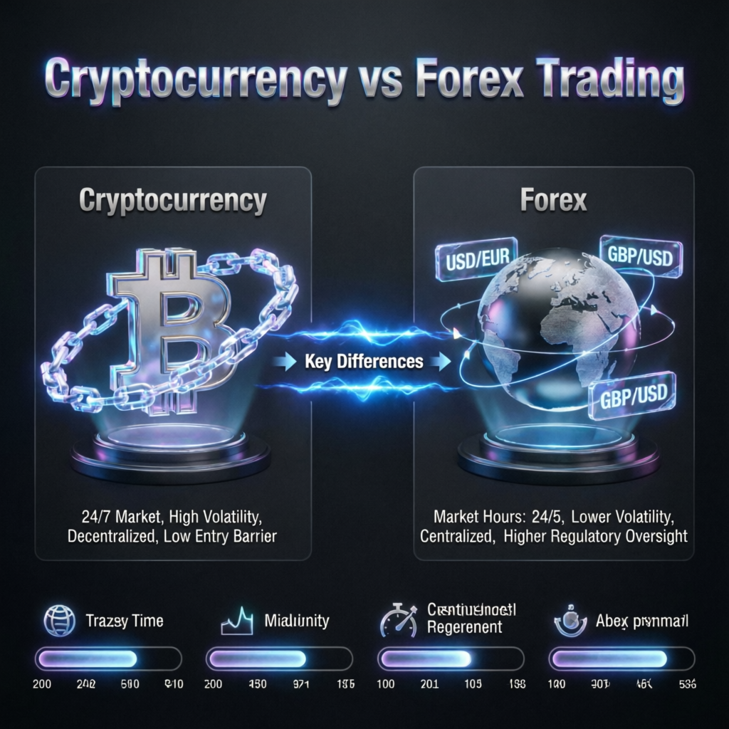 Cryptocurrency vs Forex trading comparison with key differences highlighted