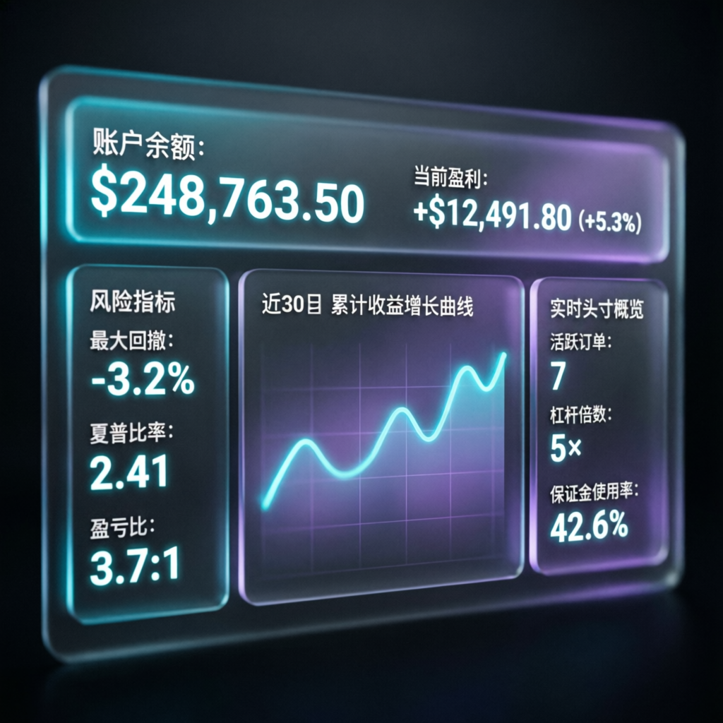 Premium funded trading account dashboard with profit metrics and risk analysis