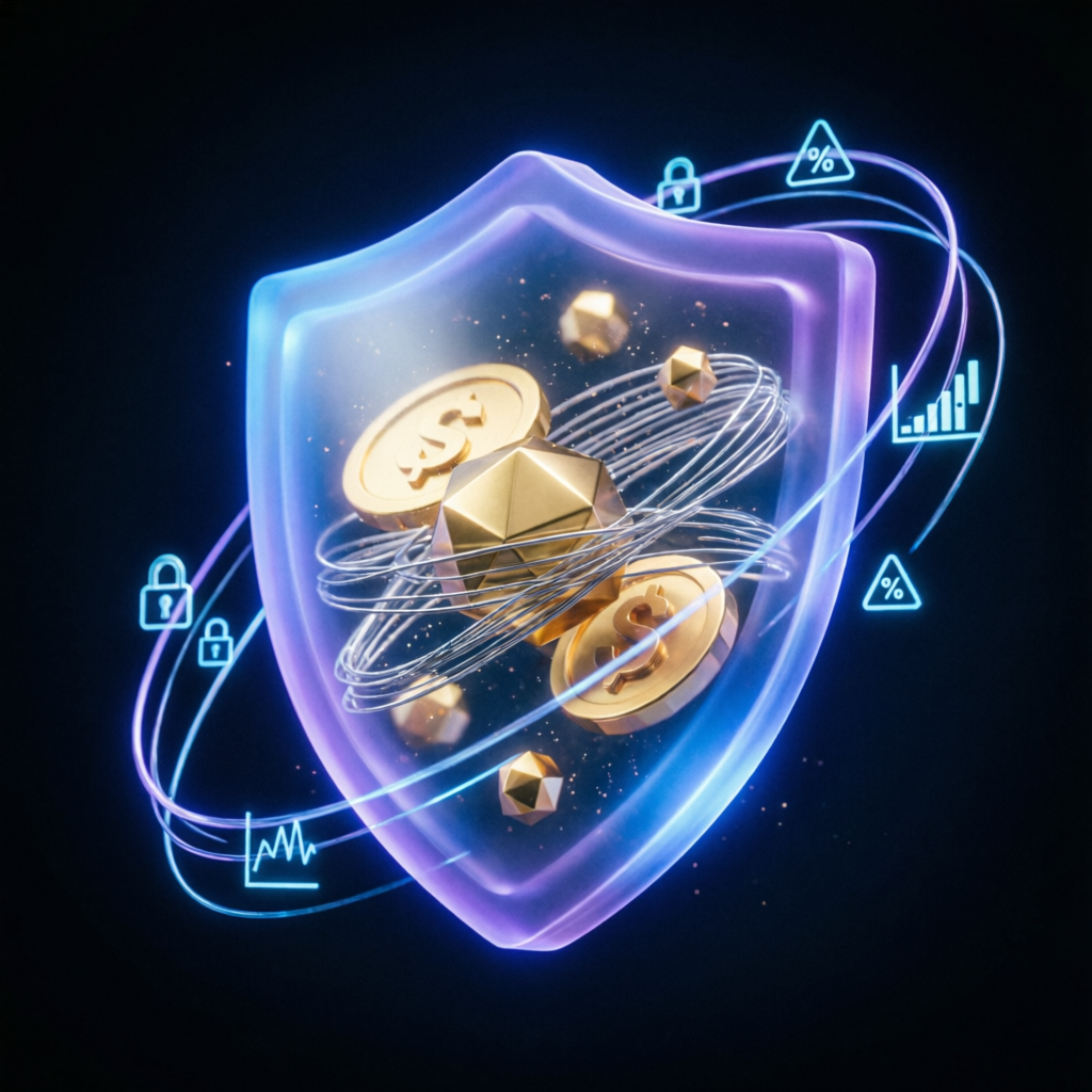 Risk management shield protecting trading capital with financial security icons
