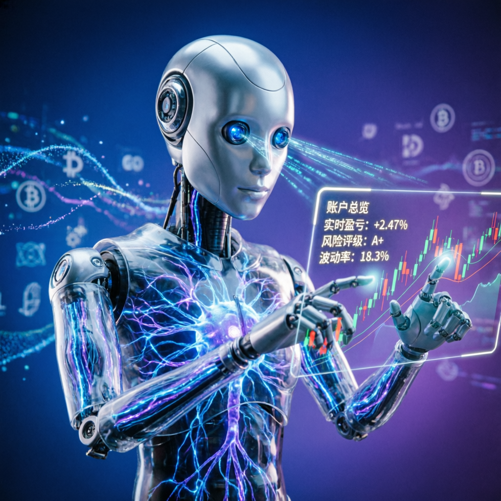 AI robot analyzing trading account metrics with risk assessment