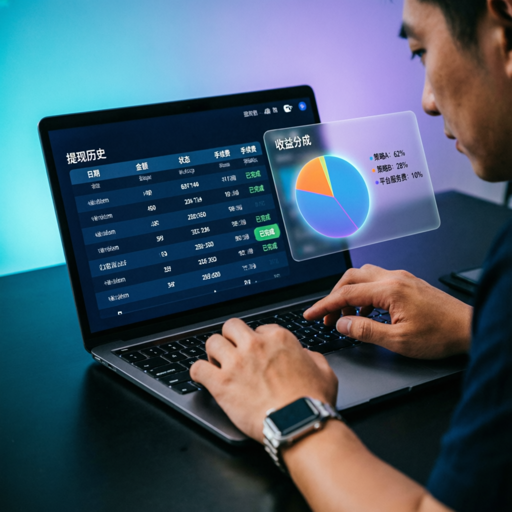 Professional trader reviewing payout dashboard with profit split analysis