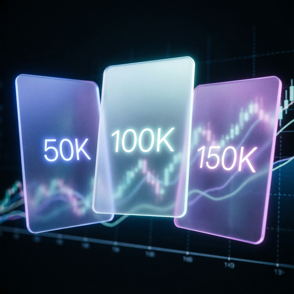 Premium funded account cards showing 50K 100K 150K account sizes with trading charts