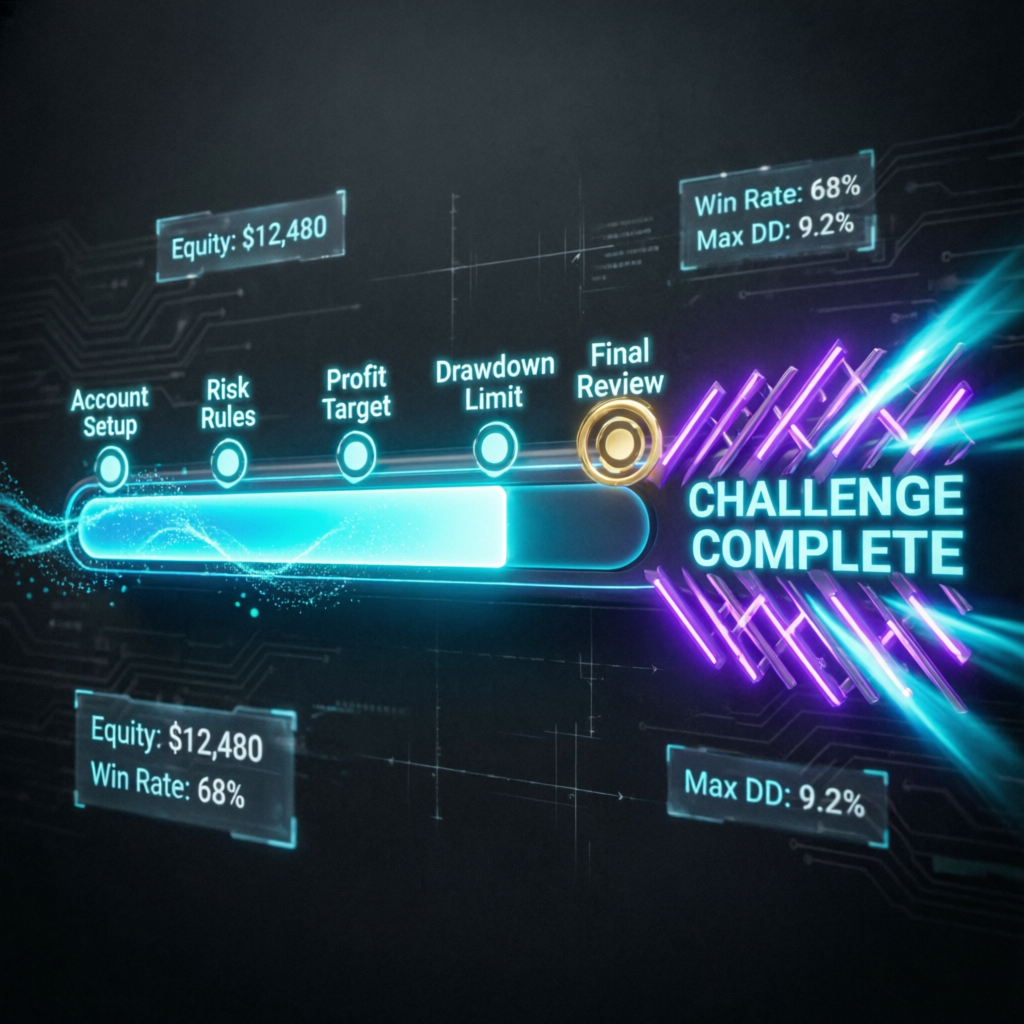 Challenge complete progress bar showing evaluation stages and success metrics