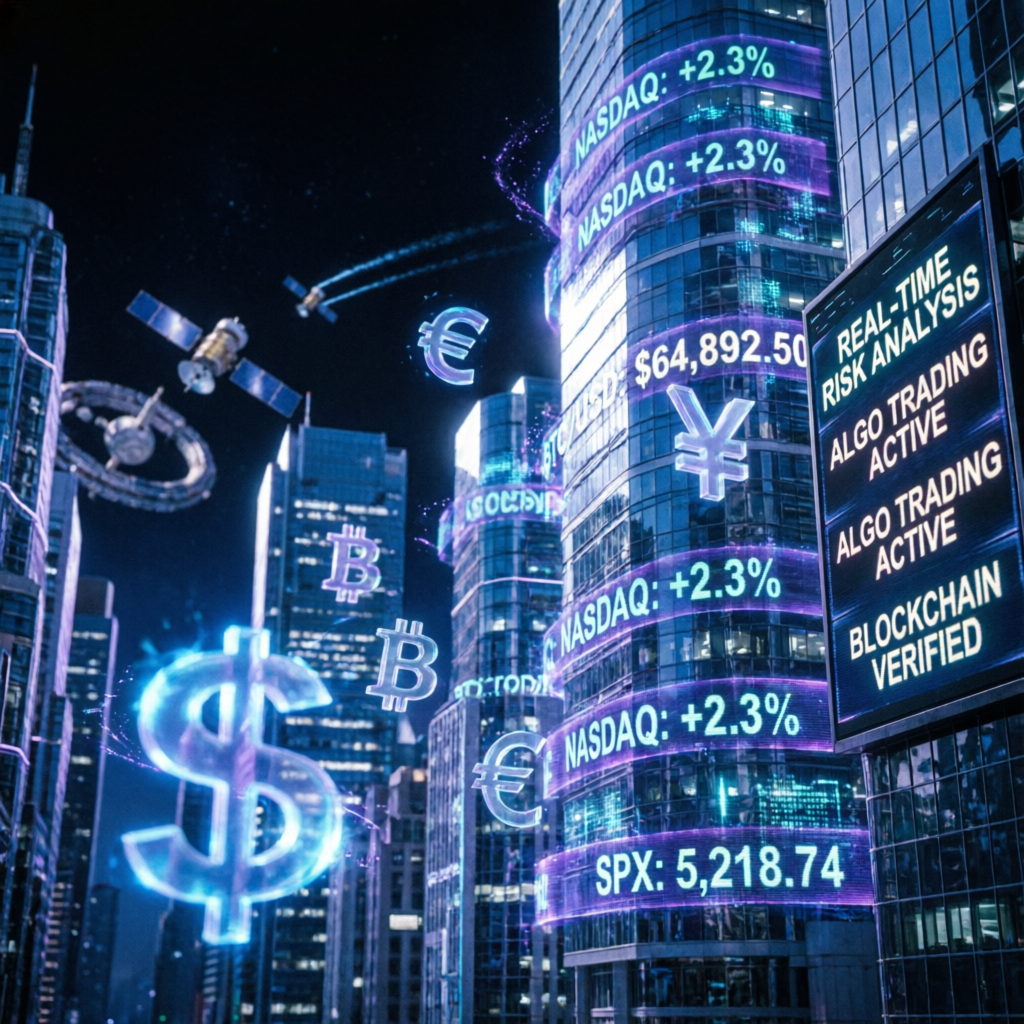 Futuristic financial trading cityscape with neon data streams
