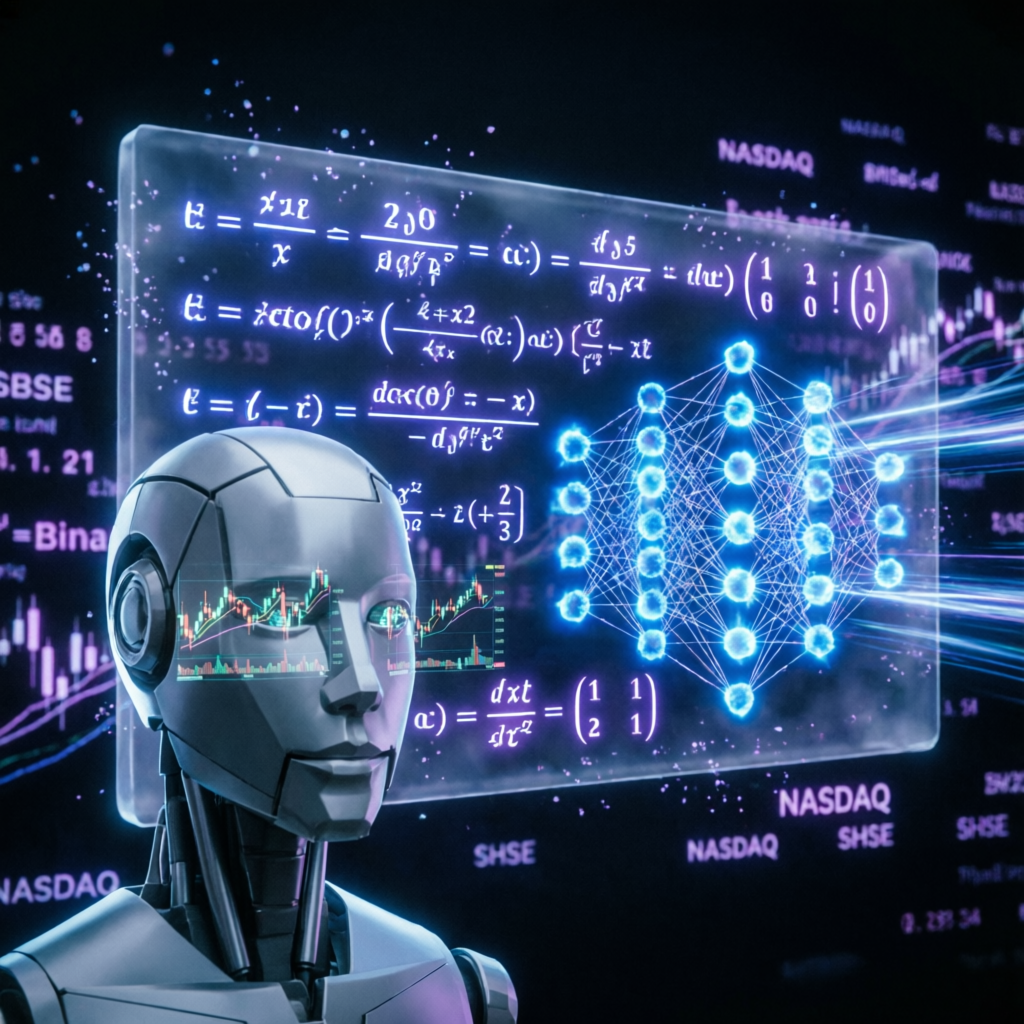 Advanced AI trading algorithm with neural network visualization and mathematical formulas