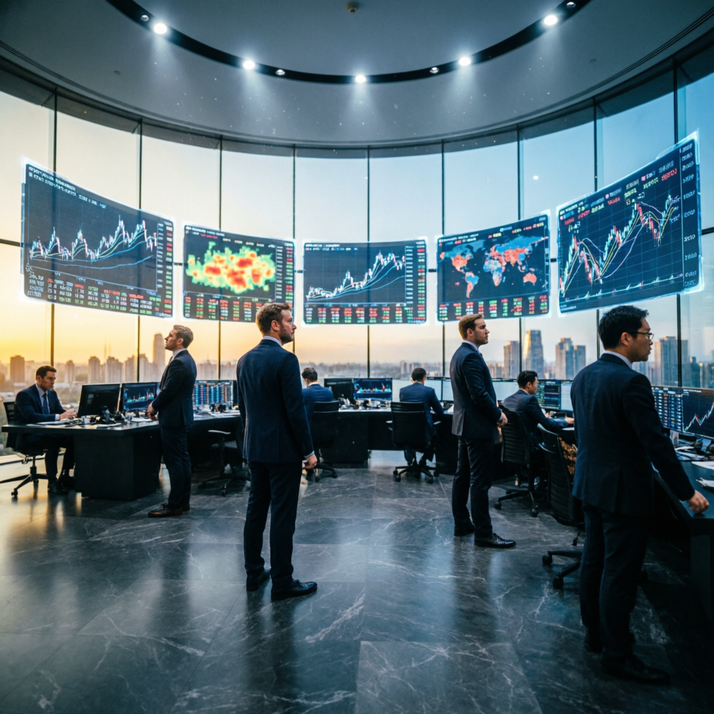 Professional prop firm trading floor with multiple traders and holographic displays