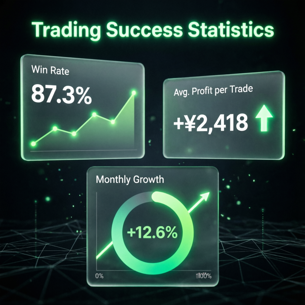 Trading success statistics showing win rate, profit per trade, and monthly growth metrics