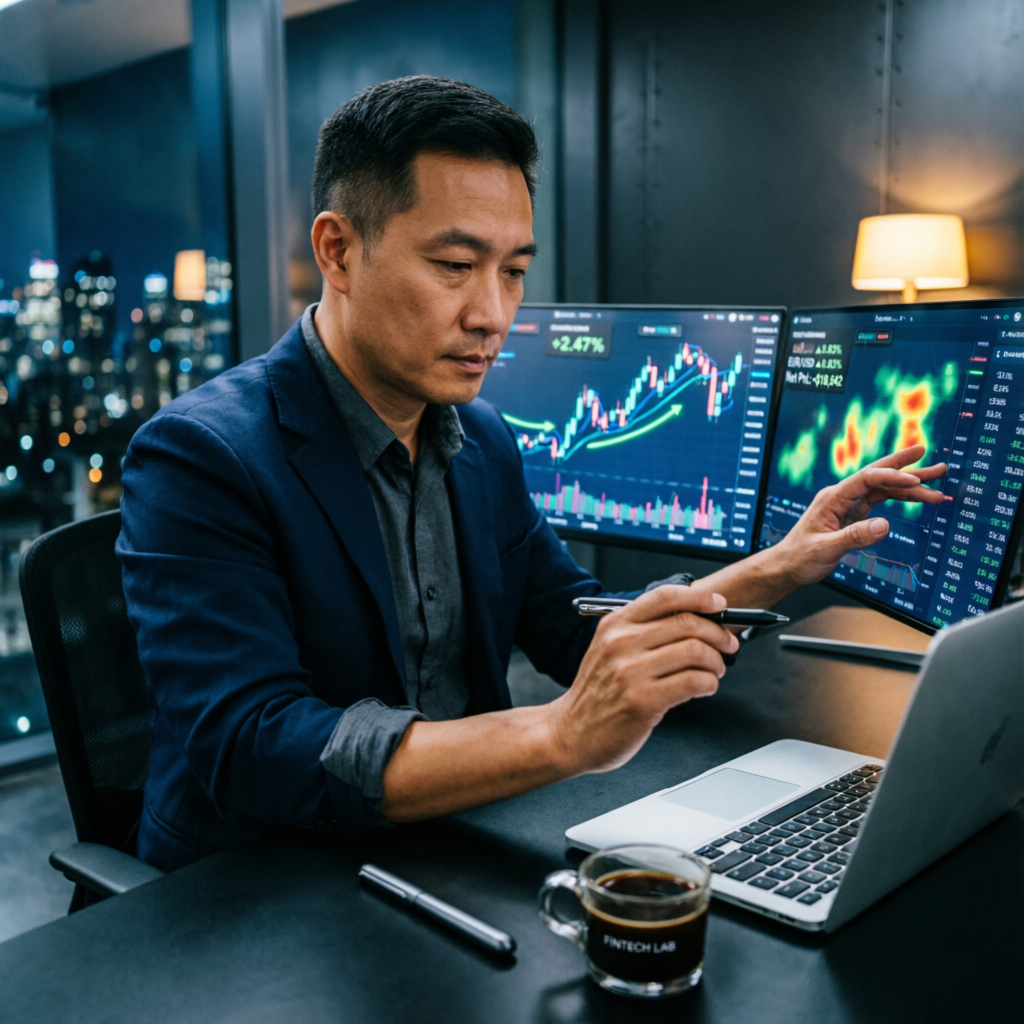 Professional forex trader analyzing Topstep trading charts on multiple monitors