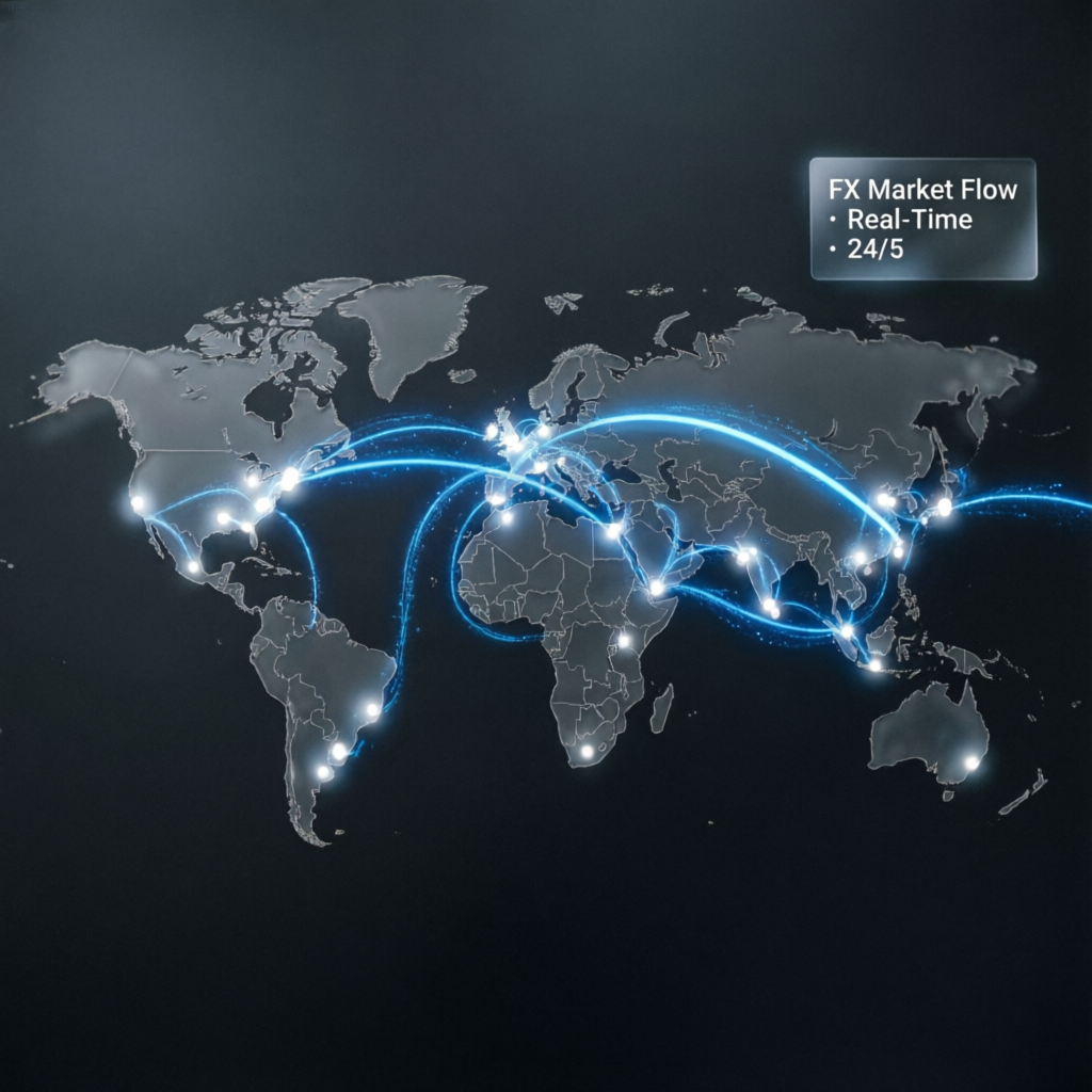 Global forex market connectivity showing worldwide trading network
