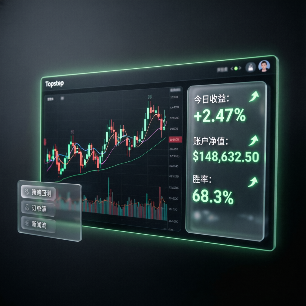 Topstep trading platform interface showing profit dashboard and candlestick charts