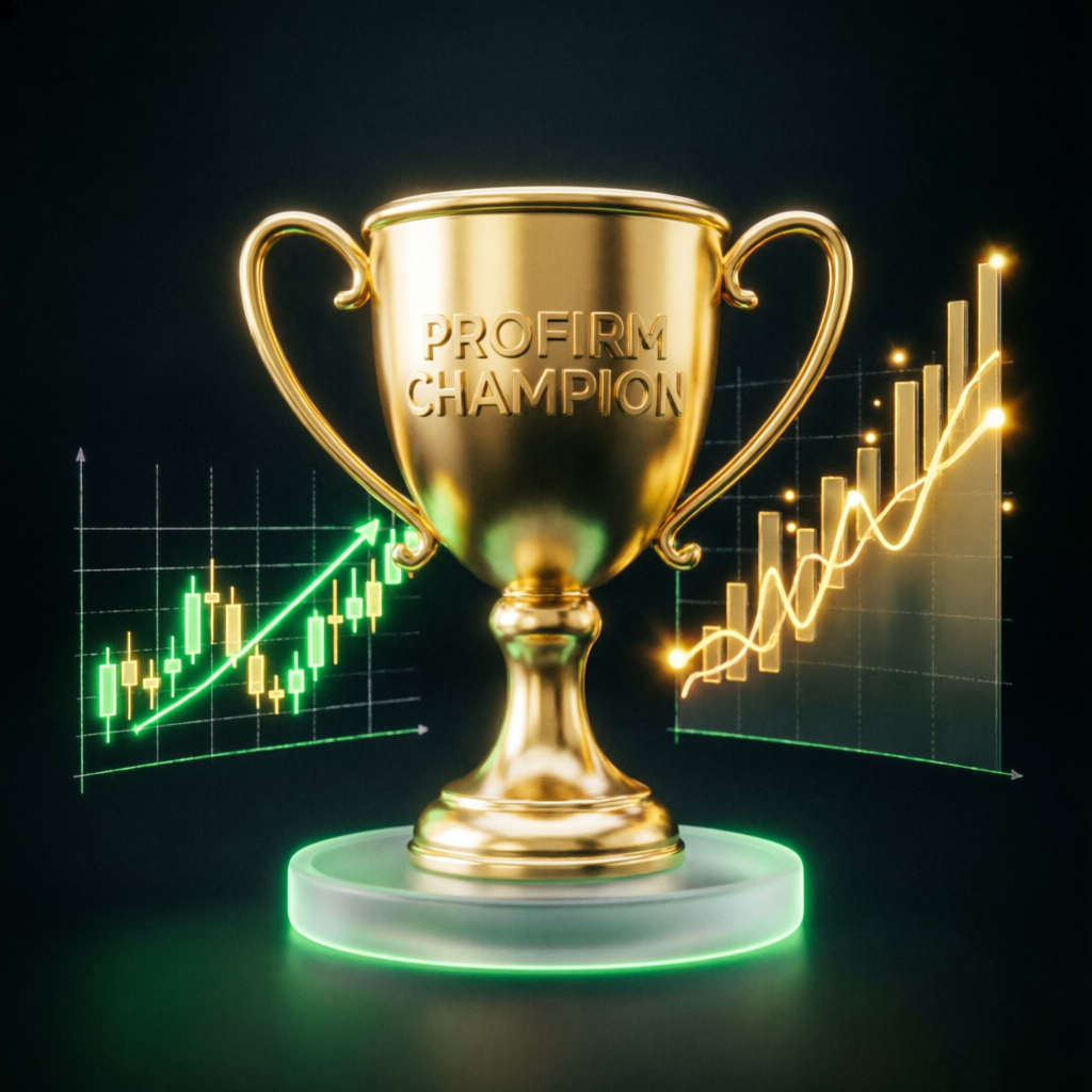 Prop firm champion trophy with trading charts representing successful challenge completion