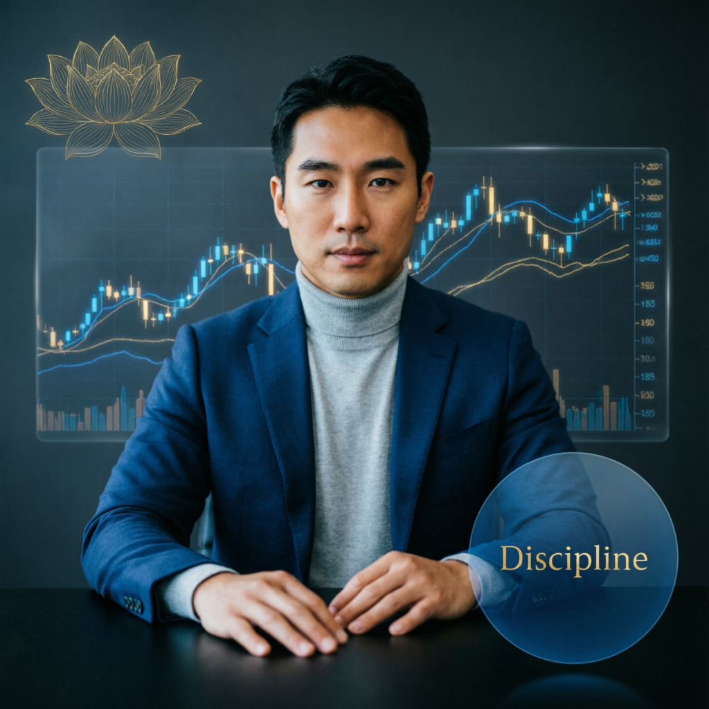 Professional trader demonstrating discipline and focus with trading charts in background