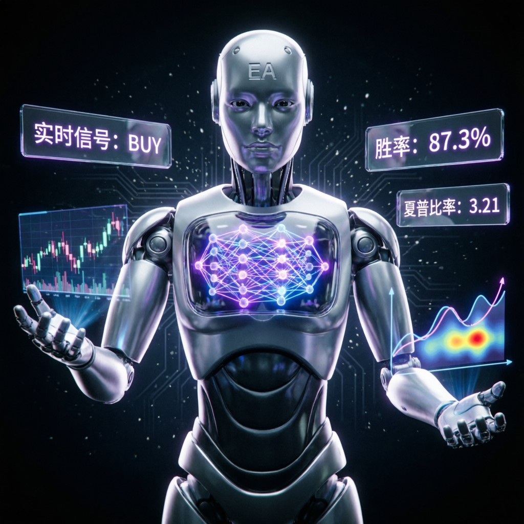 AI trading robot EA with neural network visualization representing algorithmic trading technology