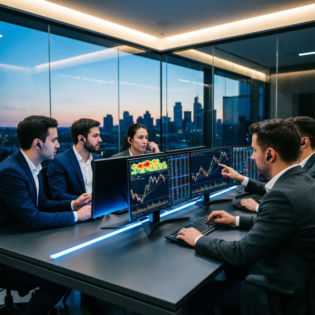 Professional trading team collaborating on multiple monitors with forex charts
