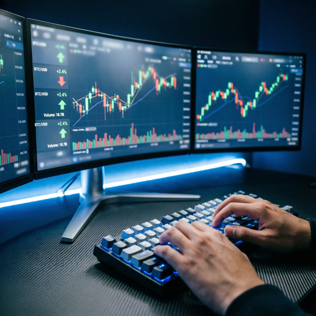Professional trader hands typing on mechanical keyboard with multiple monitors showing trading charts