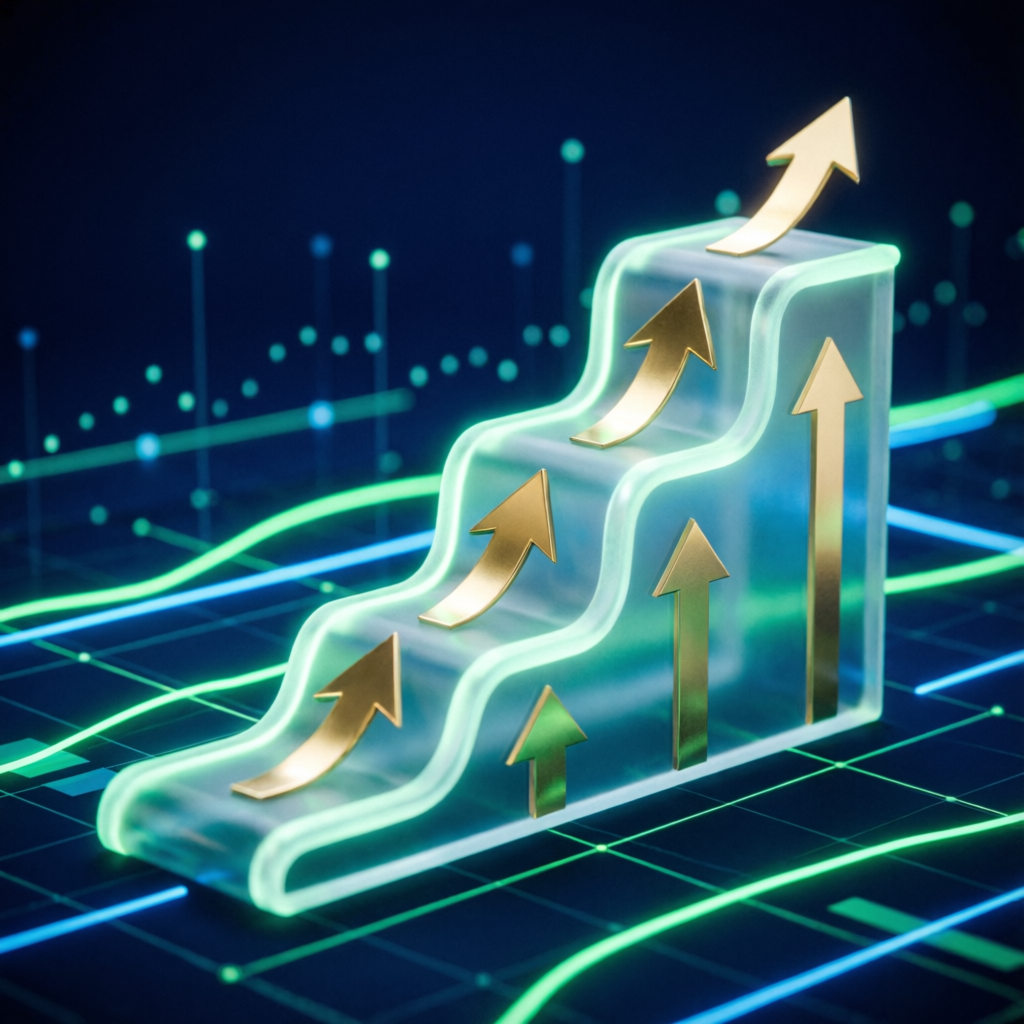 Abstract financial scaling growth chart with ascending steps and golden arrows representing Topstep account growth