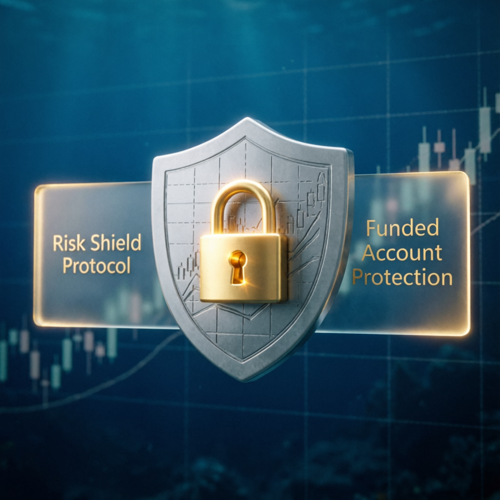 Risk management shield with golden lock protecting funded trading account, glassmorphism security visualization