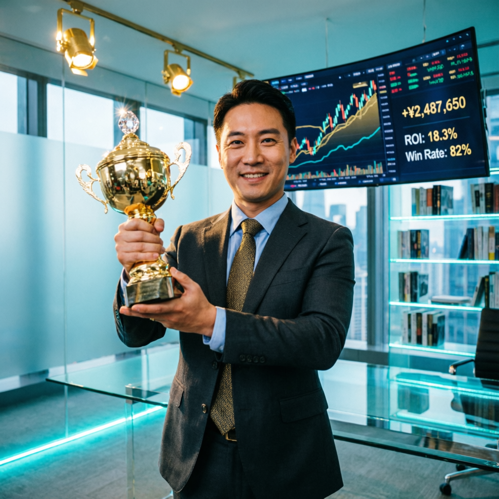 Professional forex trader celebrating success with trophy in premium trading office with profit charts