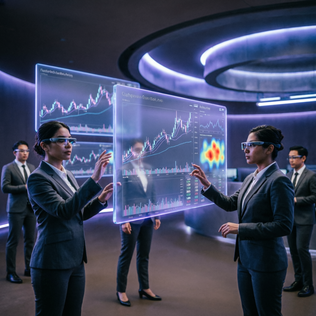 Futuristic prop firm trading floor with holographic displays showing market data and professional traders