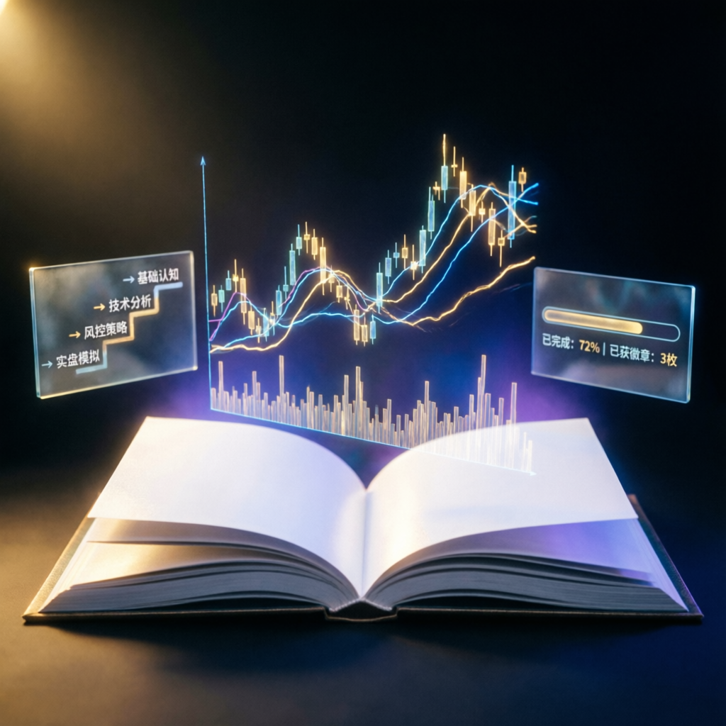 Trading education book with holographic charts emerging, representing learning and trading knowledge