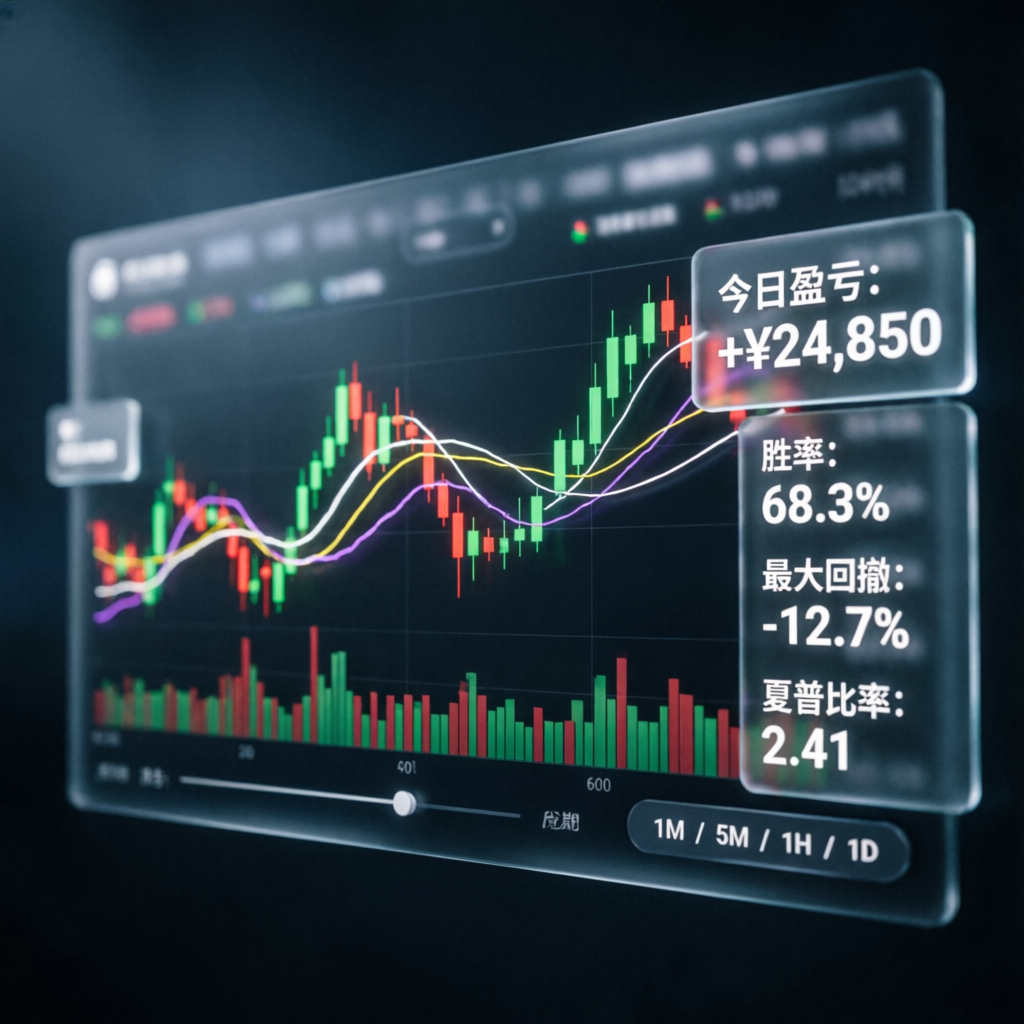 Professional futures trading market visualization with candlestick charts and glassmorphism profit metrics overlay