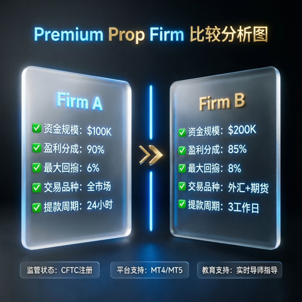 Premium prop firm comparison infographic with glassmorphism panels showing Firm A vs Firm B metrics
