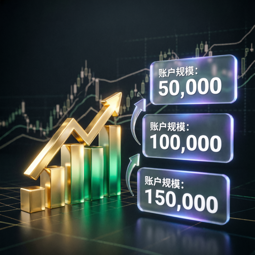 Financial growth visualization showing account scaling from 50k to 100k to 150k with golden ascending bars