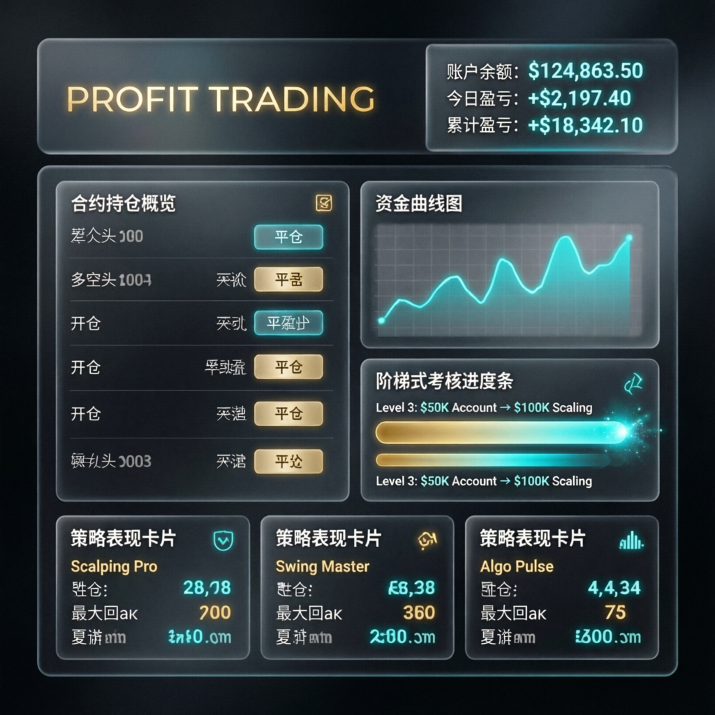 Professional trading dashboard interface showing futures trading account balance and scaling plan progression