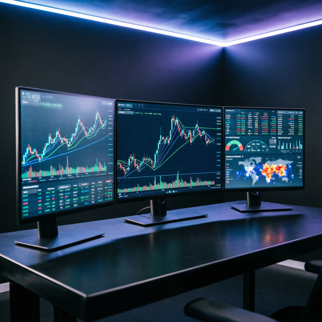 Professional forex trader workspace with multiple monitors showing trading charts and financial dashboards