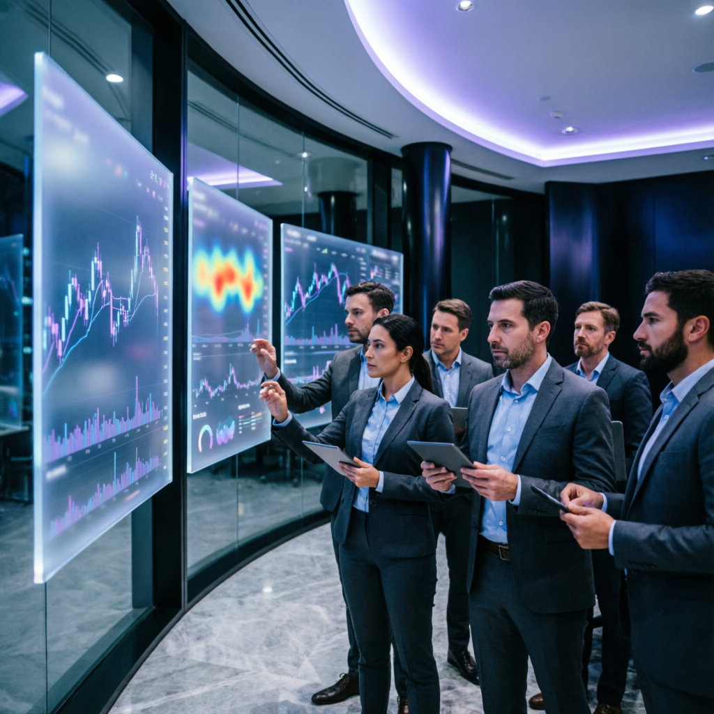 Professional financial service team analyzing market data on large screens in modern trading office