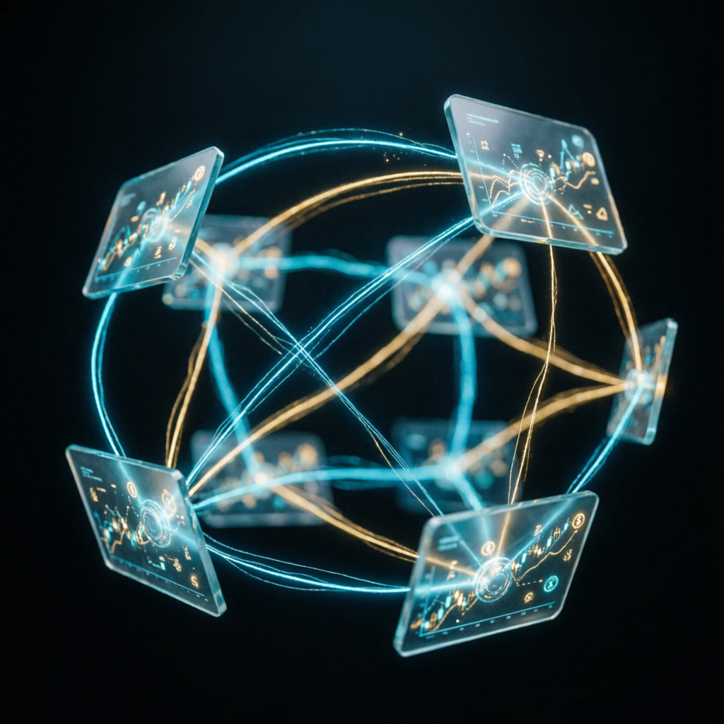 Abstract digital network visualization showing interconnected trading nodes and global financial markets