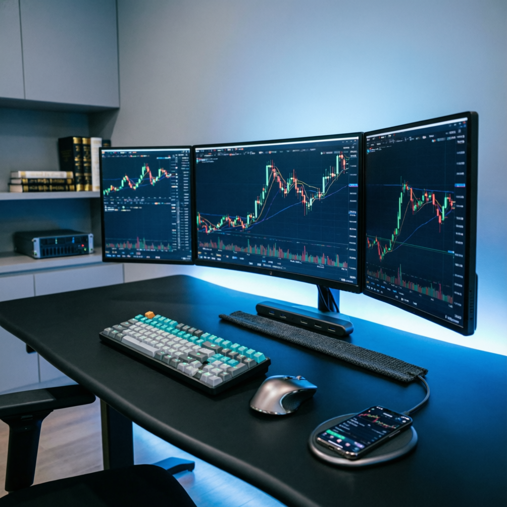 Professional trading setup with multiple monitors showing forex charts