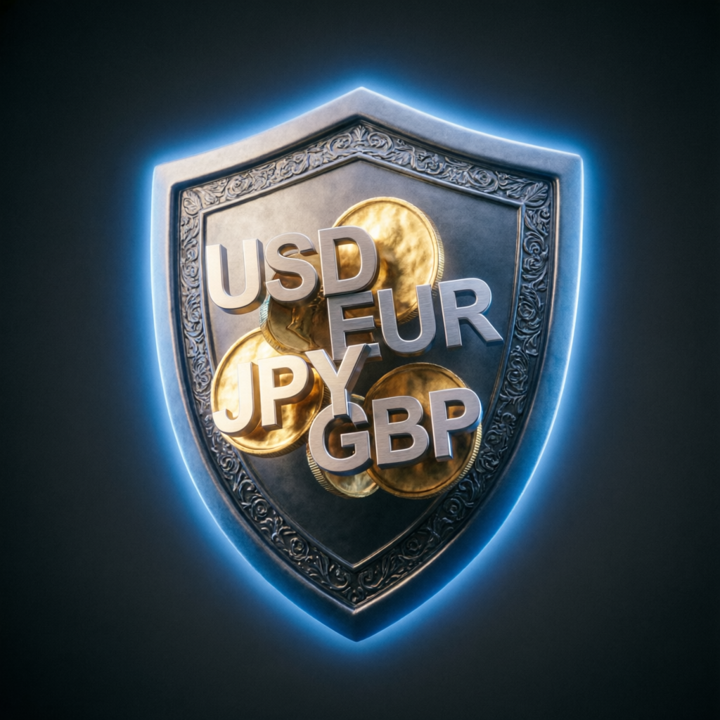 Risk management shield protecting forex accounts with USD EUR JPY GBP currencies