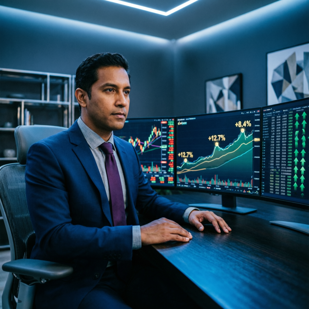 Professional trader analyzing forex charts for prop firm challenge evaluation