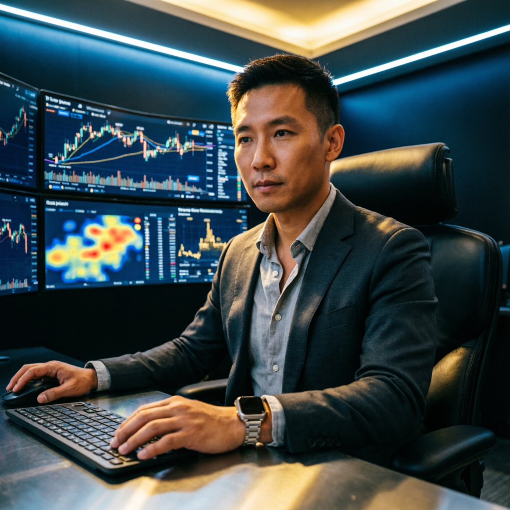 Professional forex trader managing prop firm accounts with multiple trading screens