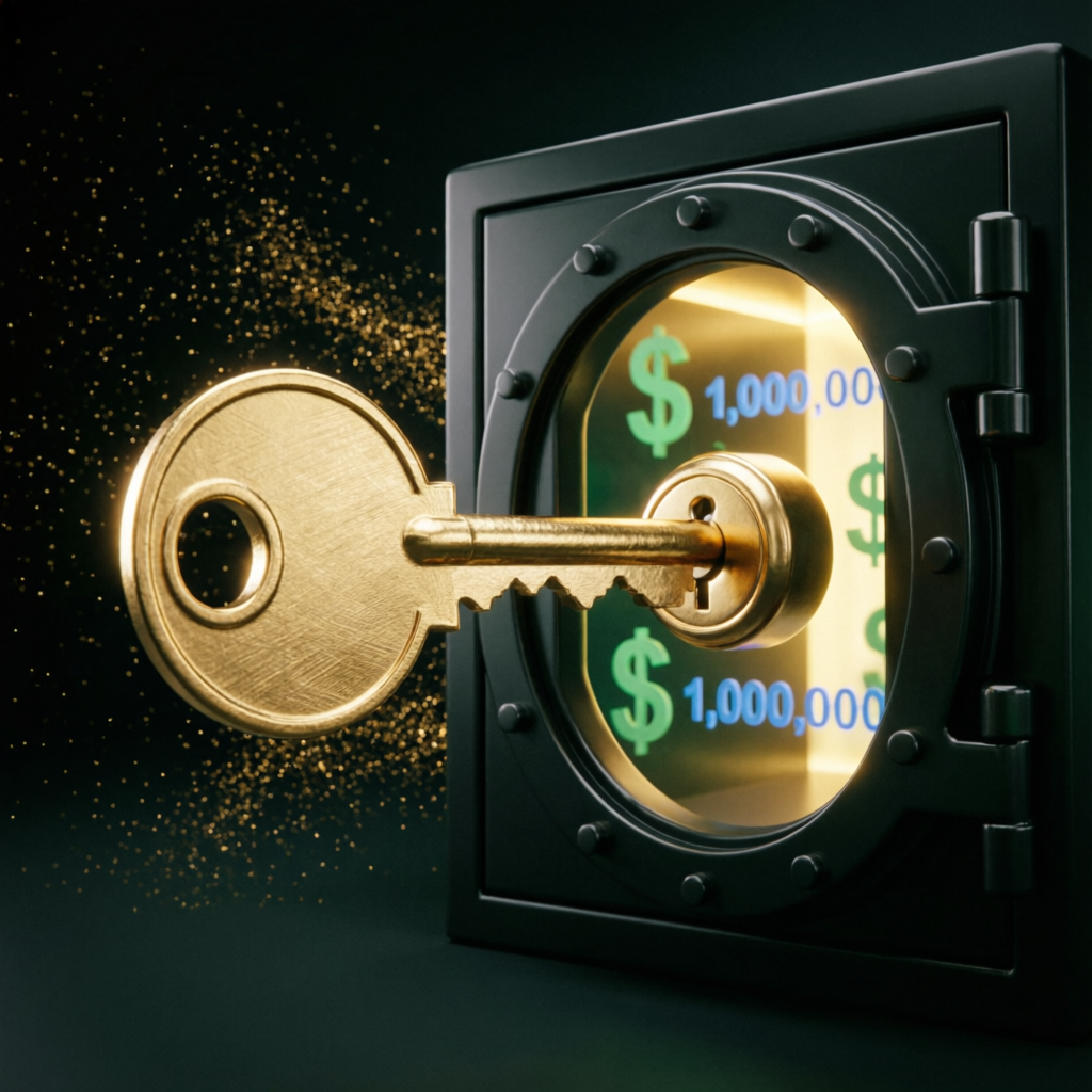 Secure vault with gold key representing capital protection in funded account management