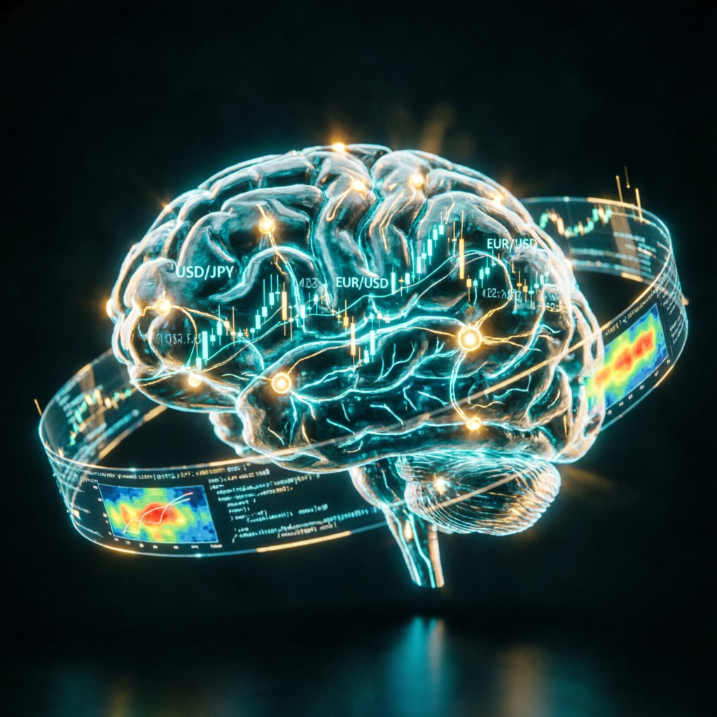AI trading technology brain with forex charts representing advanced algorithms