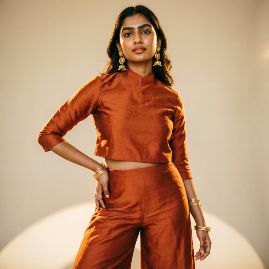 Model wearing a rust-orange Glamfox co-ord set