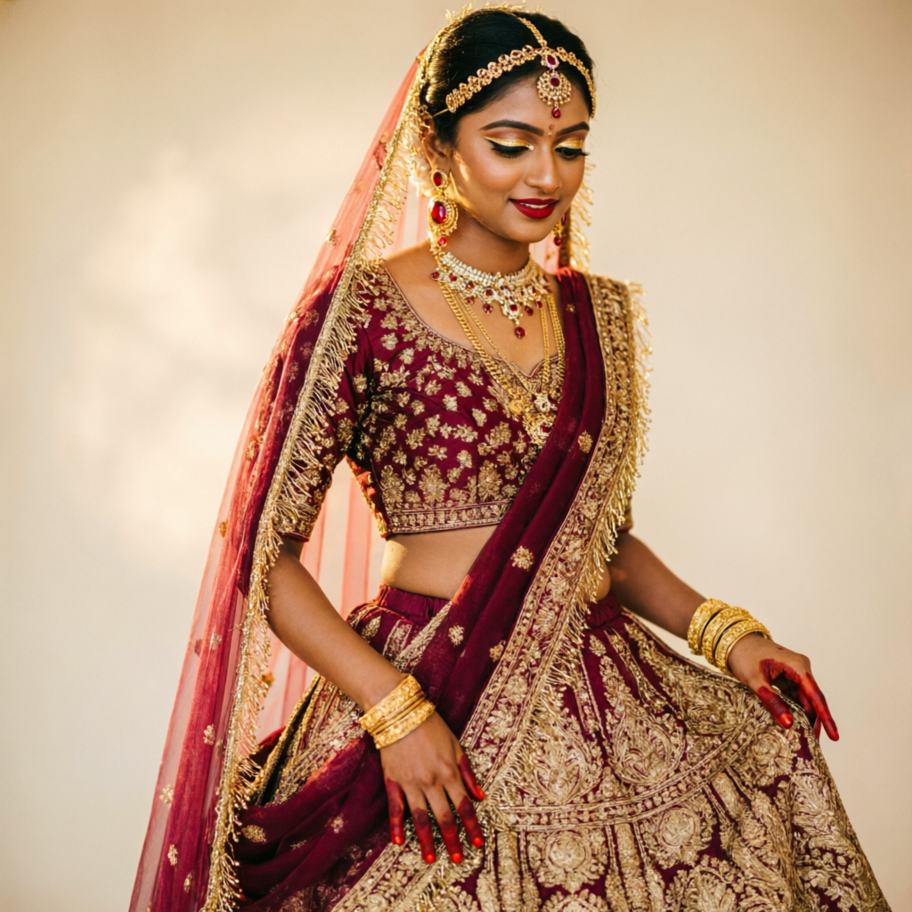 Bride in scarlet lehenga