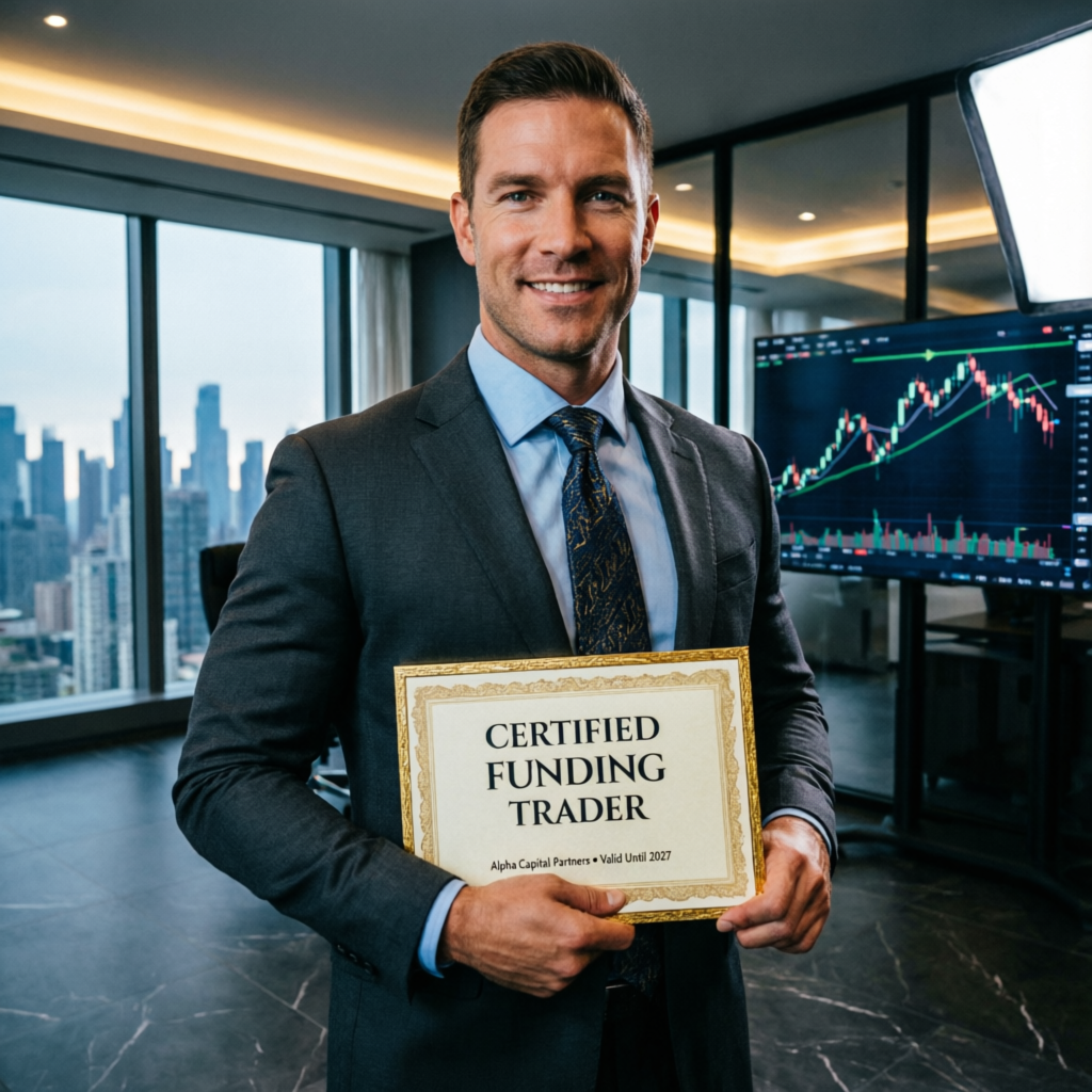 Certified funded trader holding prop firm success certificate