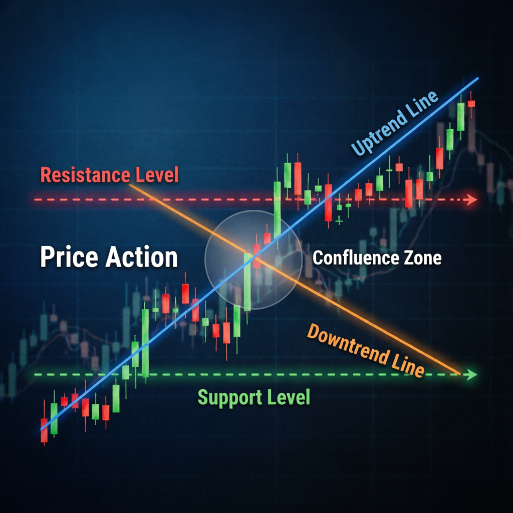 Price action trading strategy showing support resistance and trendlines