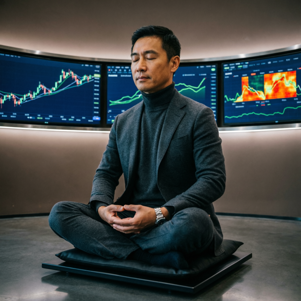 Professional trader practicing mindfulness and trading psychology discipline