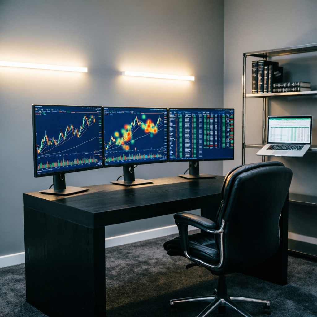 Professional Forex trading desk setup with multiple monitors