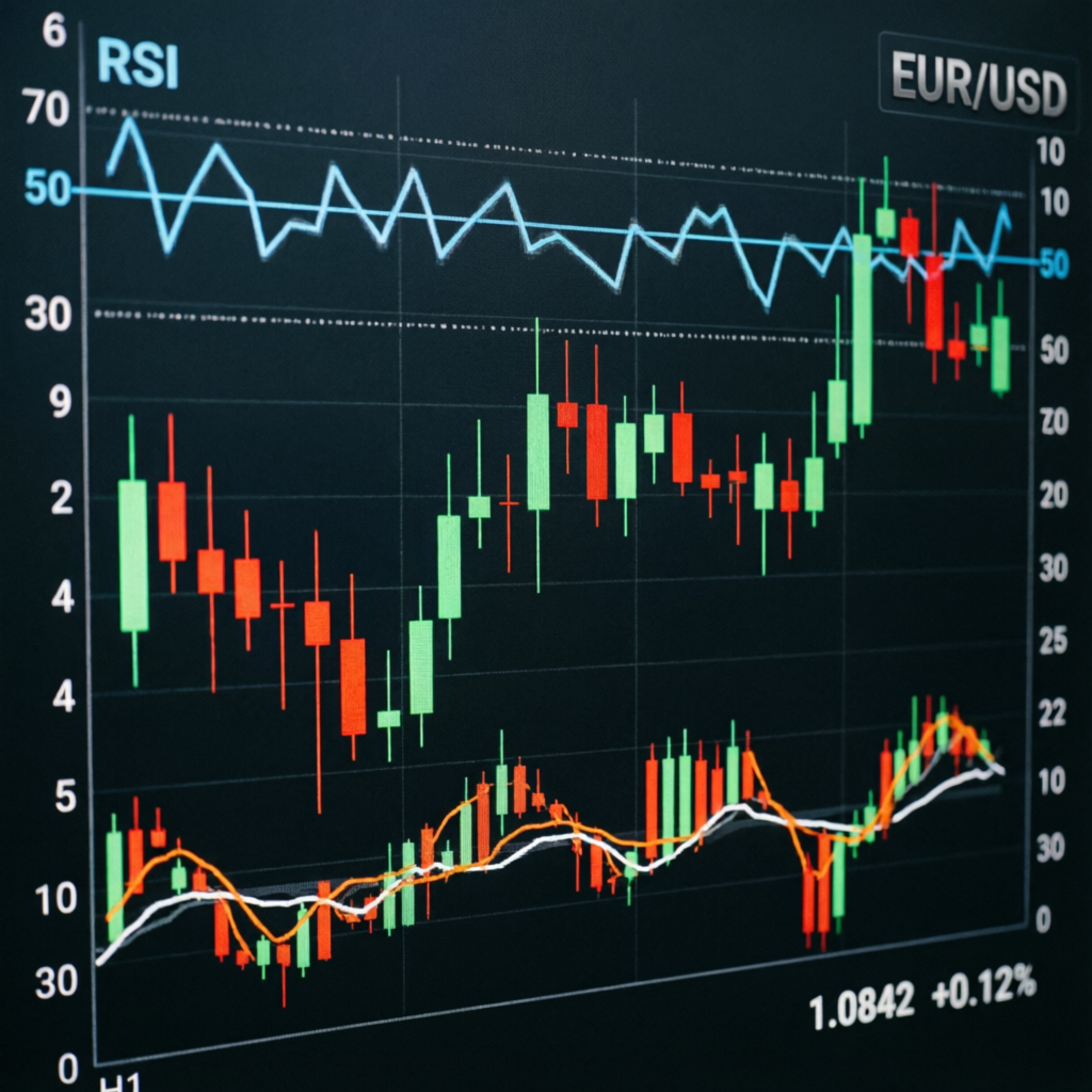EUR/USD candlestick chart with RSI and MACD technical indicators