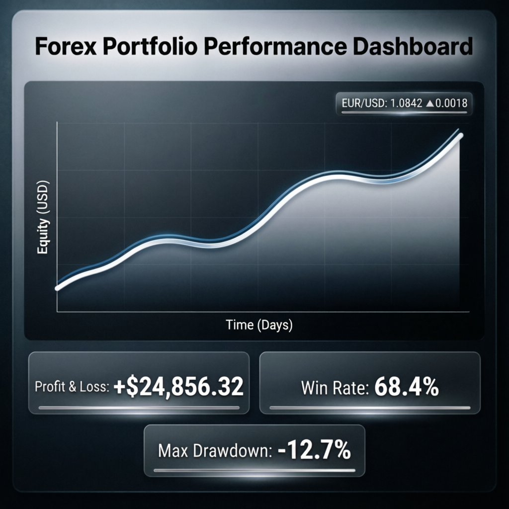 Forex Portfolio Performance Dashboard showing equity curve and trading statistics