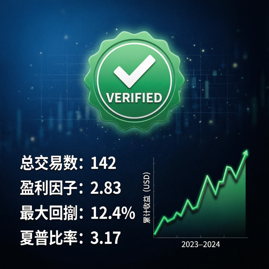 Verified trading performance badge with profit factor and Sharpe ratio statistics