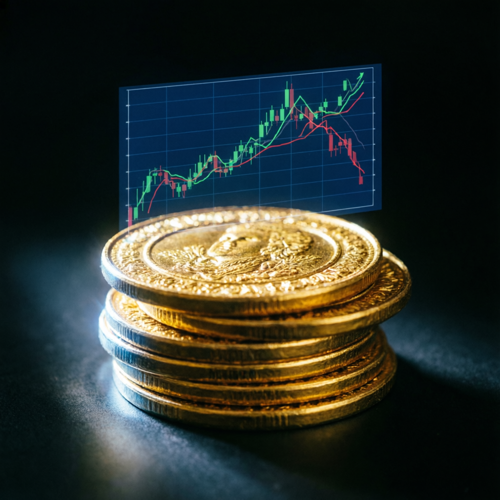 Gold coins with profit chart representing funded account earnings