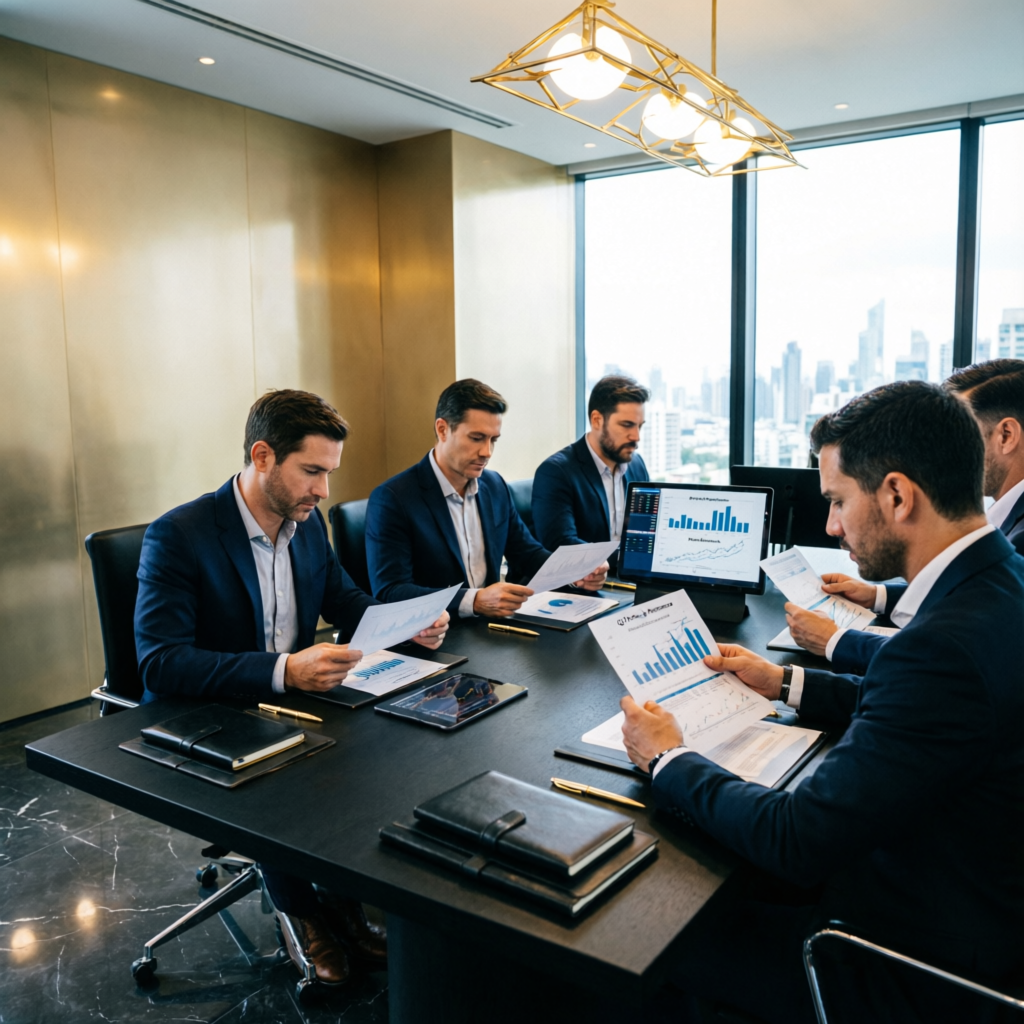 Professional traders analyzing performance reports in luxury office