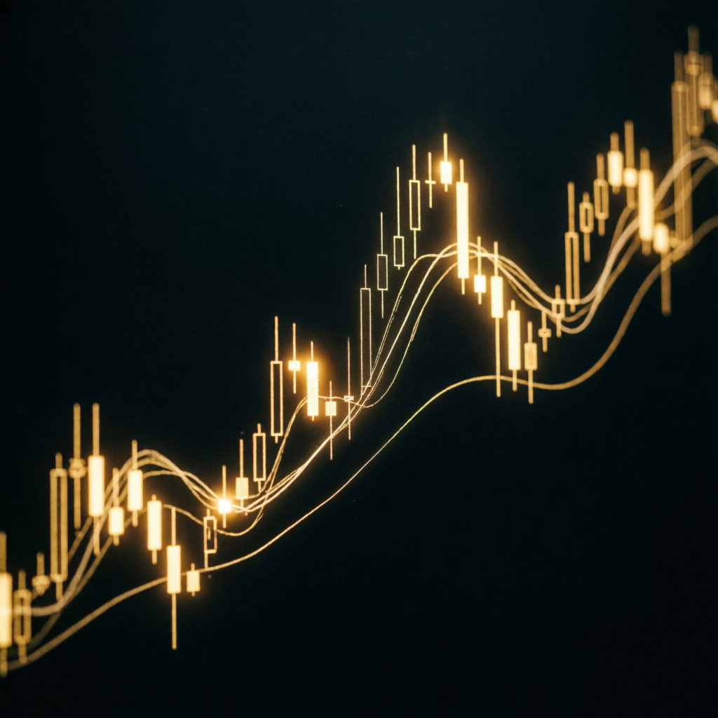 Golden candlestick chart showing consistent upward trend