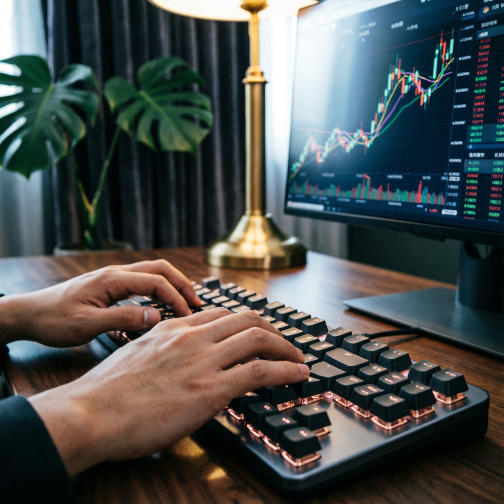 Trader hands on keyboard executing futures trades